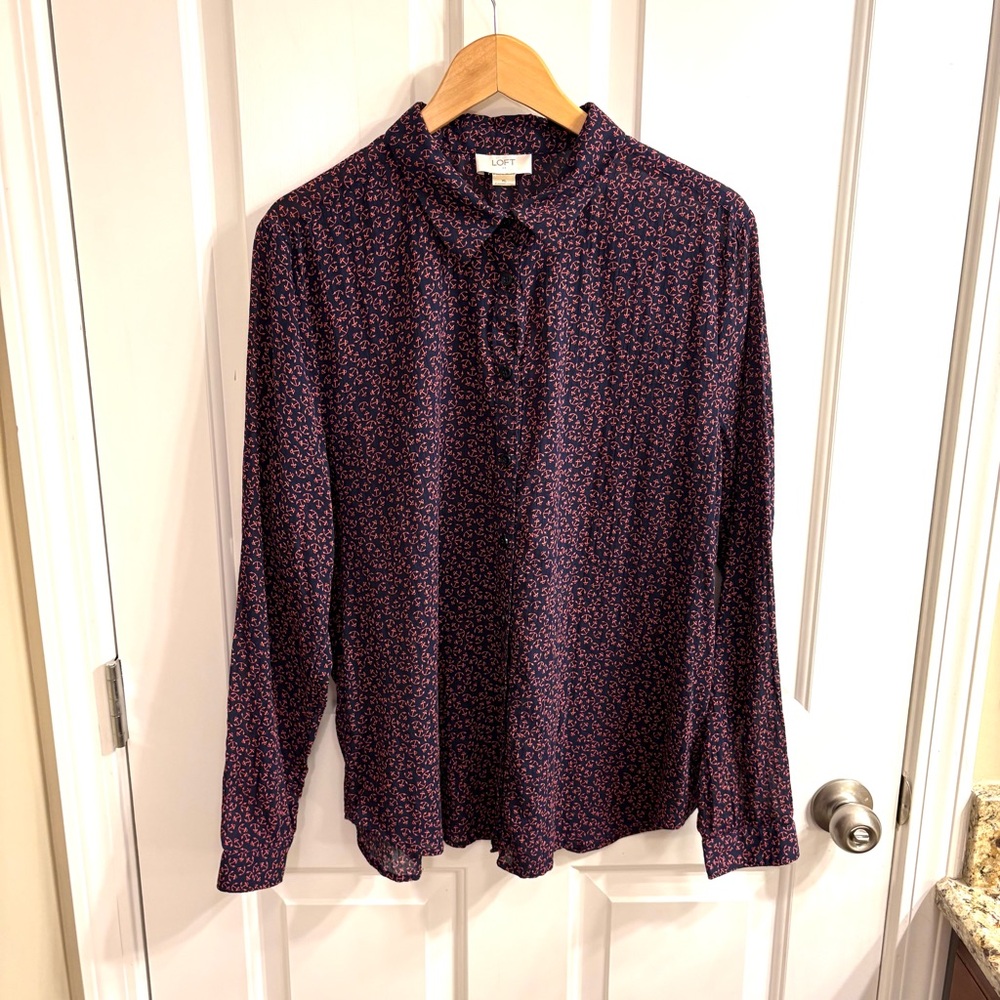 LOFT Women's Navy Coral Anchor Button Down Shirt XL